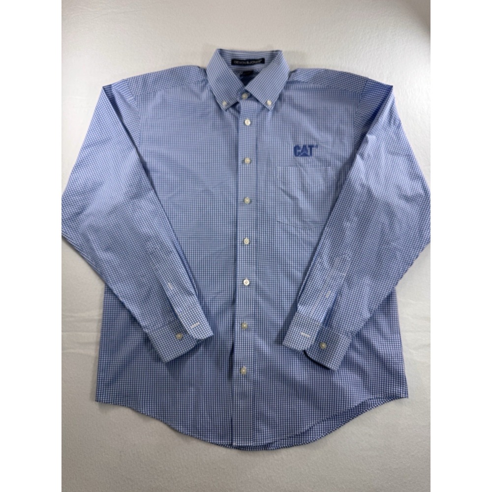 Devon & Jones Mens Button Down Shirt Medium Blue Checkered CAT Embroidered EUC